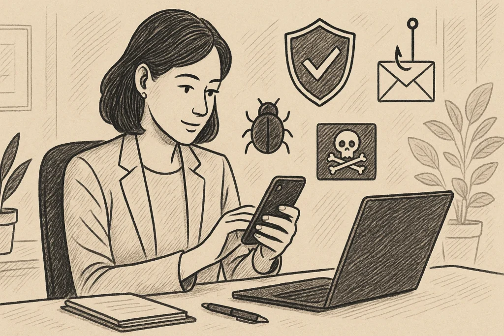 A woman uses her smartphone safely in her workplace.