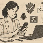 A woman uses her smartphone safely in her workplace.