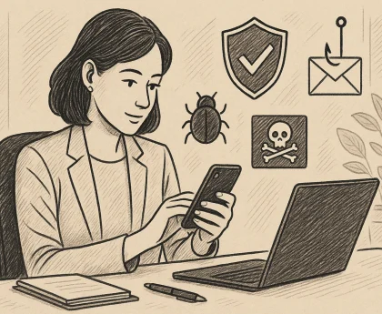 A woman uses her smartphone safely in her workplace.