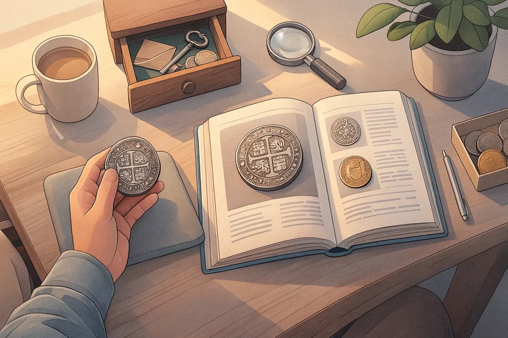 A collector’s hand holds a coin, a person compares it with a reference from a book.