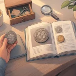 A collector’s hand holds a coin, a person compares it with a reference from a book.