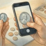 A collector checks the 1943 steel penny via the coin scanner app.