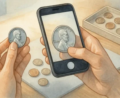 A collector checks the 1943 steel penny via the coin scanner app.