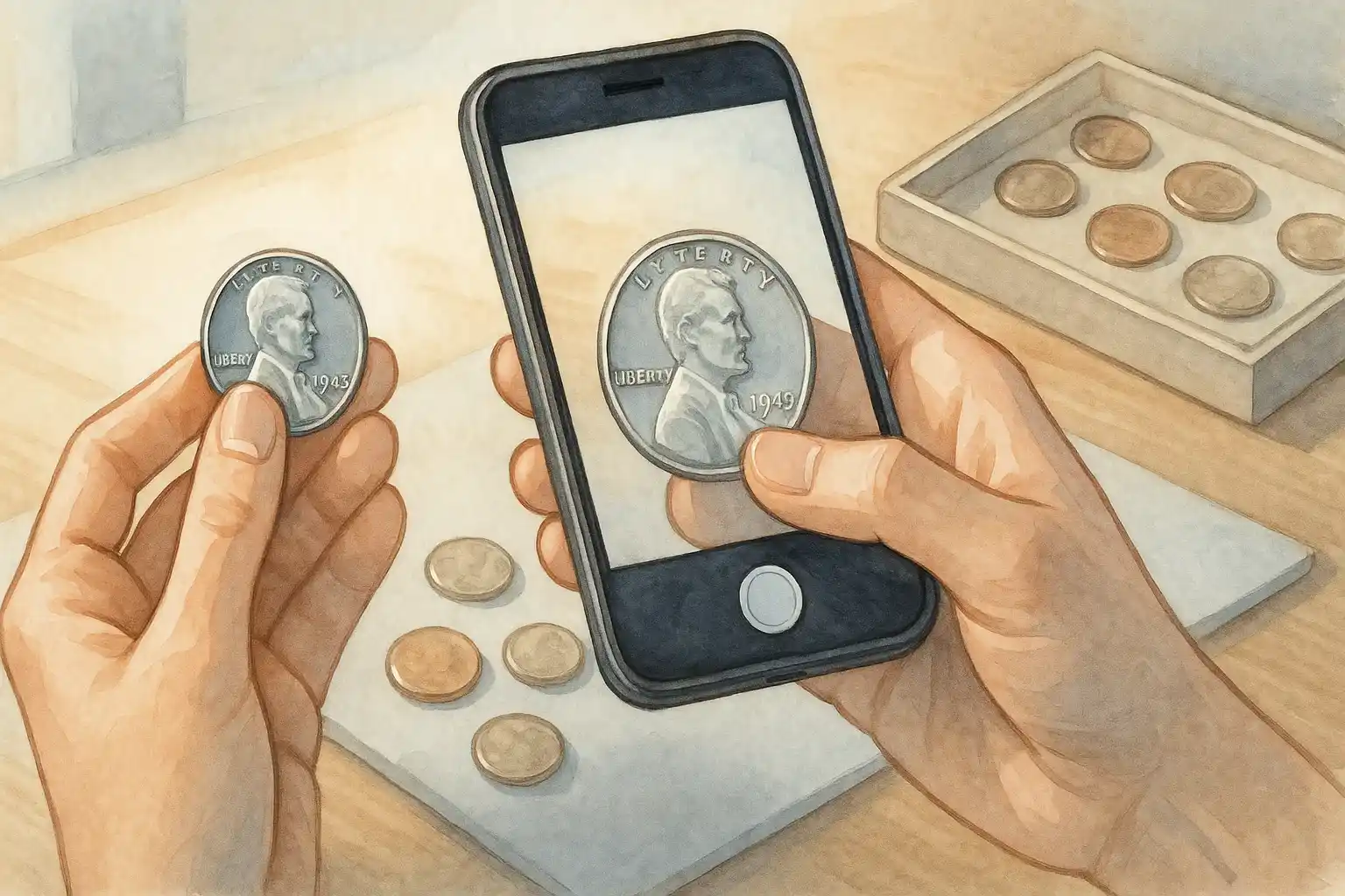 A collector checks the 1943 steel penny via the coin scanner app.
