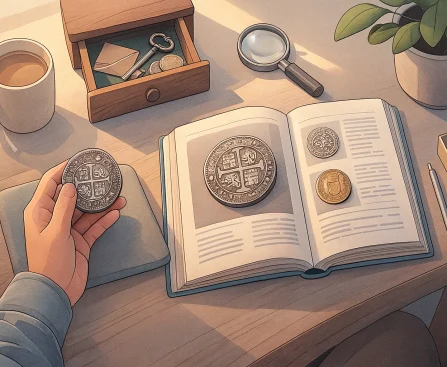 A collector’s hand holds a coin, a person compares it with a reference from a book.