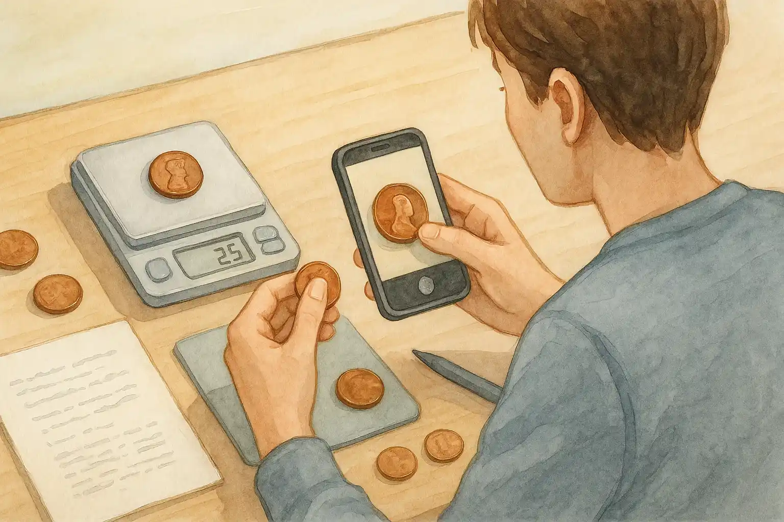 A collector checks different pennies with his smartphone numismatic app and a digital scale.