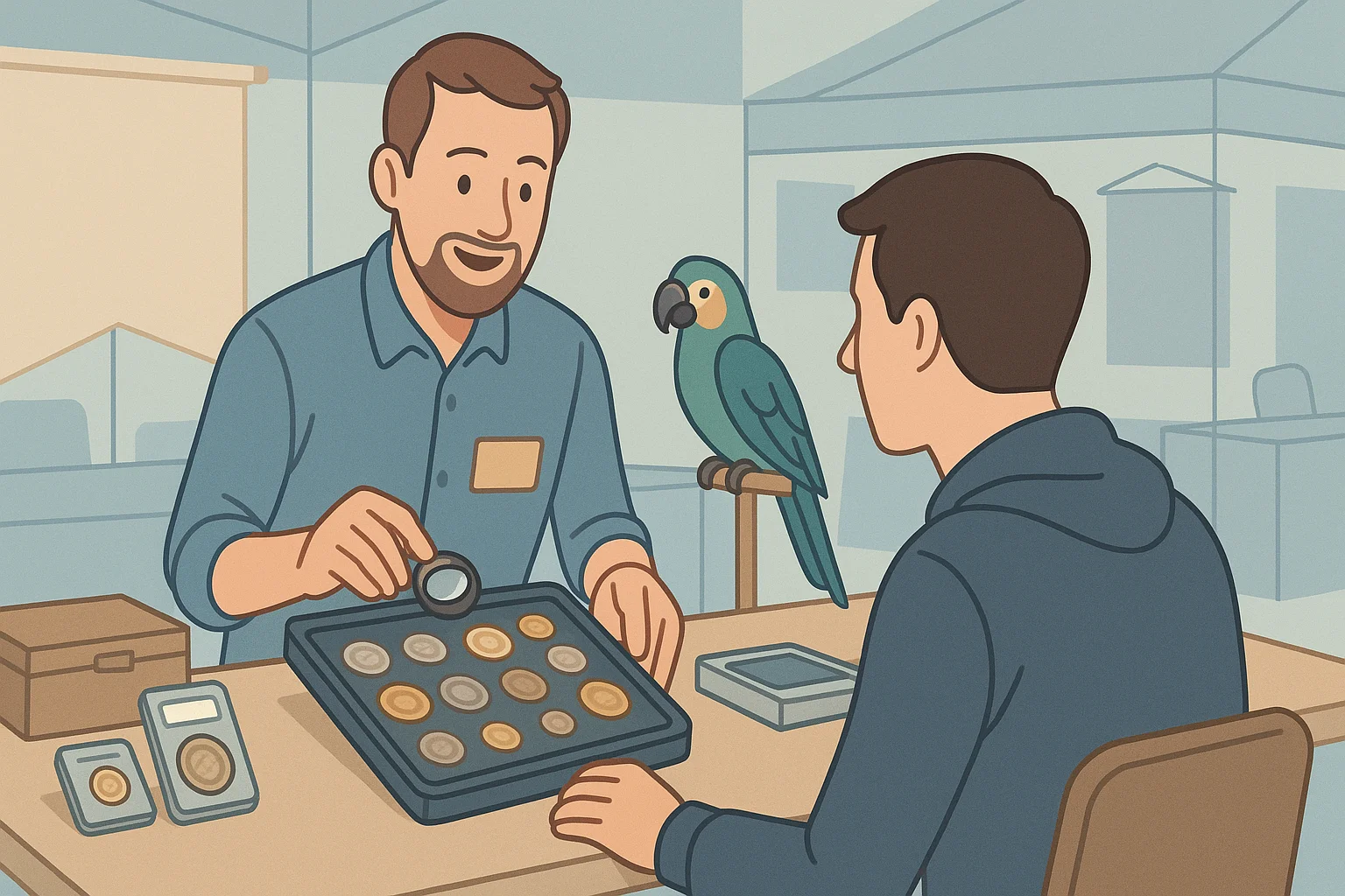 A dealer at the coin show presents affordable coins to a beginner.