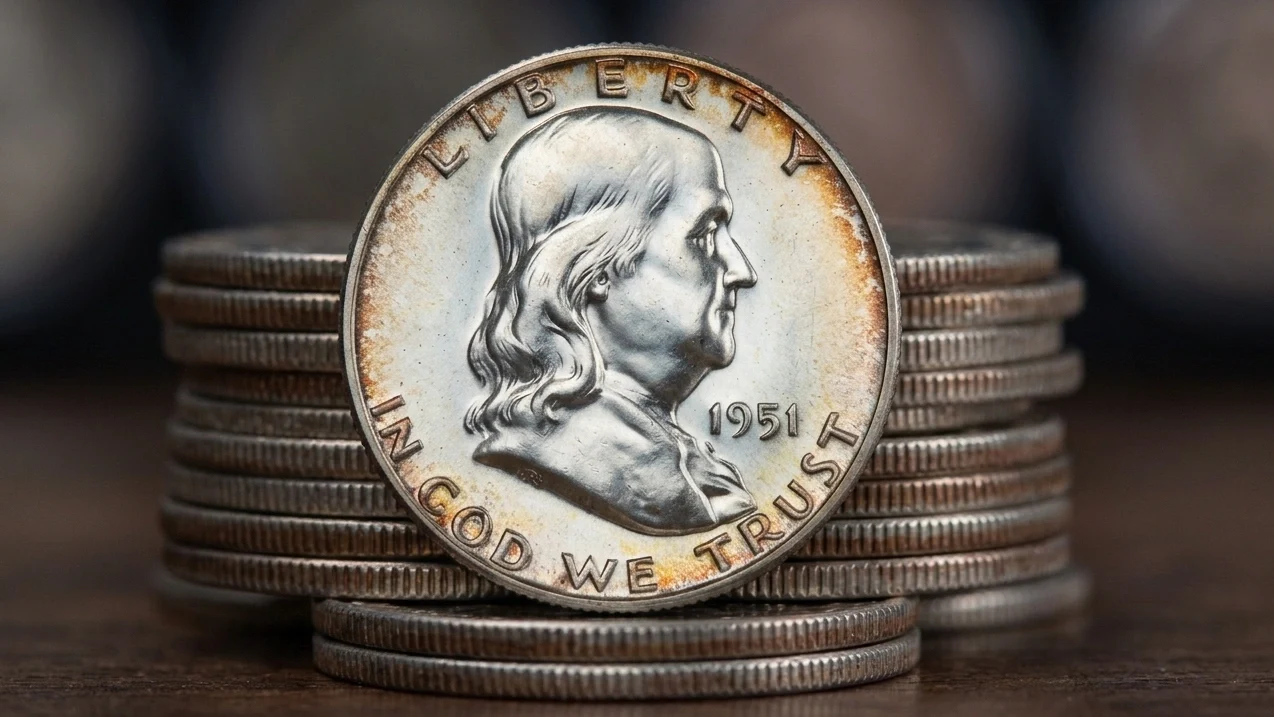 Close-up of multiple 1951 half dollars stacked